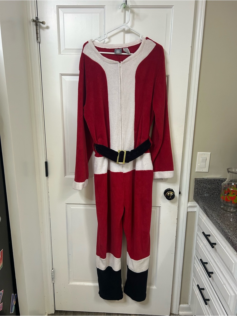 Men's Red Santa-Style Fleece Pajama Onesie with Belt Detail